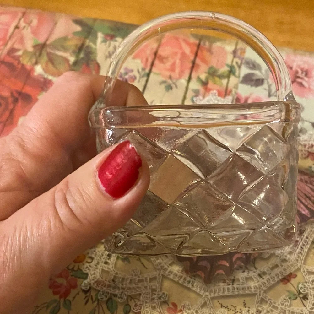 Vintage Clear Pressed Glass Basket Diamond Pattern Hand Blown Applied Handle